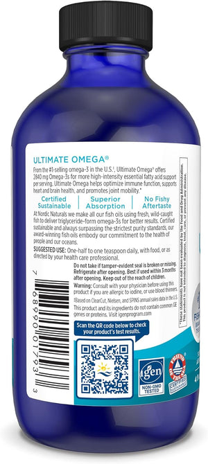 Nordic Naturals Ultimate Omega Liquid, Lemon Flavor - 4 oz - 2840 mg Omega-3 - High-Potency Fish Oil Supplement with EPA & DHA - Promotes Brain & Heart Health - Non-GMO - 24 Servings