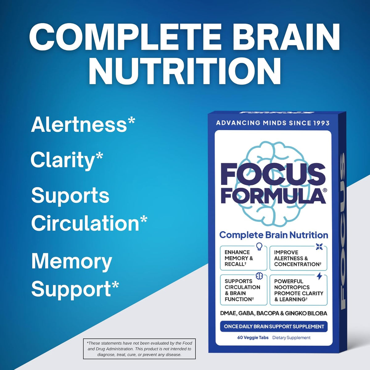 Nootropic Brain Supplement, Focus Capsules for Concentration, Supports Energy, Brain Booster with GABA, DMAE, and BACOPA, Memory Support Supplement, Cognitive Support, 60 Veggie Tablets