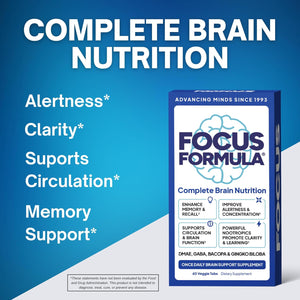Nootropic Brain Supplement, Focus Capsules for Concentration, Supports Energy, Brain Booster with GABA, DMAE, and BACOPA, Memory Support Supplement, Cognitive Support, 60 Veggie Tablets