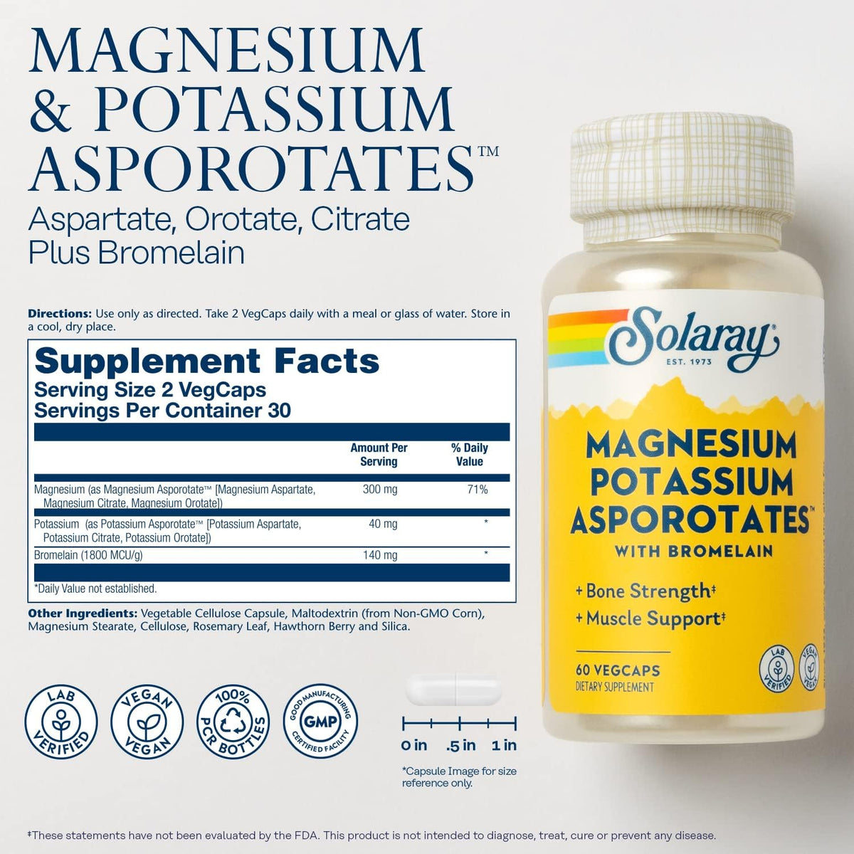 Solaray Magnesium and Potassium Asporotates w/Bromelain, Healthy Electrolyte, Muscle, Heart &amp; Cellular Support, 60 VegCaps