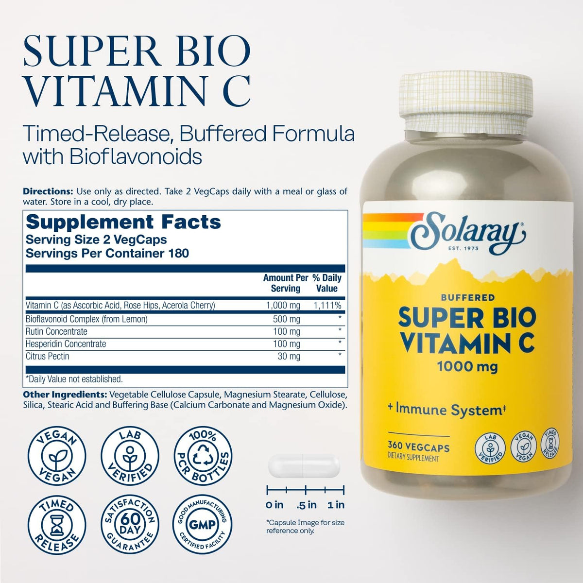 SOLARAY Super Bio Buffered Vitamin C 1000mg, Two-Stage, Timed Release Vitamin C with Bioflavonoids, Immune Support Supplement - High Absorption, Vegan, 60 Day Guarantee, 180 Servings, 360 VegCaps 180