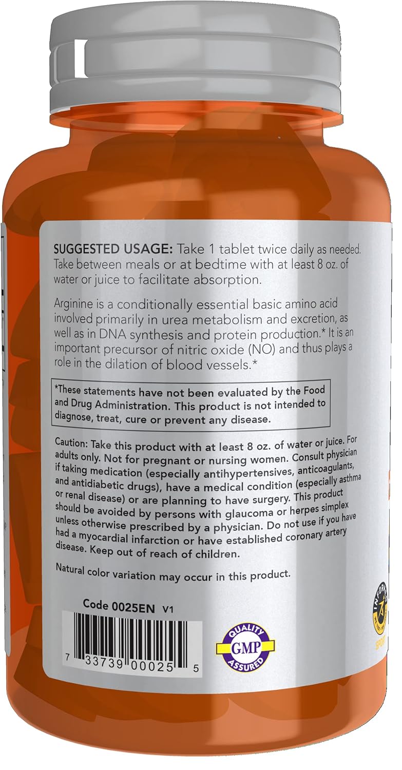 NOW Foods Sports Nutrition, L-Arginine Double Strength 1000mg, Nitric Oxide Precursor, Amino Acids, 60 Tablets