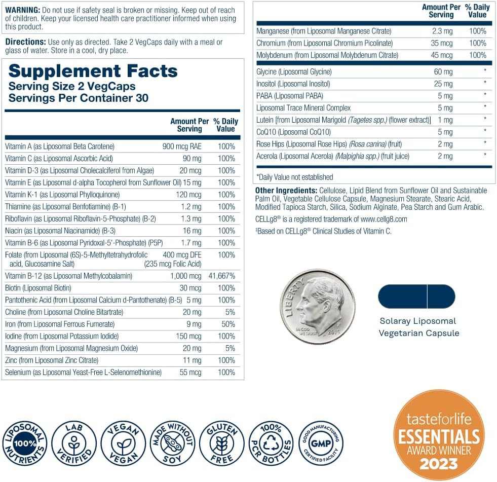 SOLARAY Liposomal Multivitamin for Men &amp; Women, High Potency, Enhanced Absorption Vitamin C, Vitamin D, Biotin, Methyl B-12, Odor Neutral &amp; Gentle Digestion, 30 Servings, 60 VegCaps