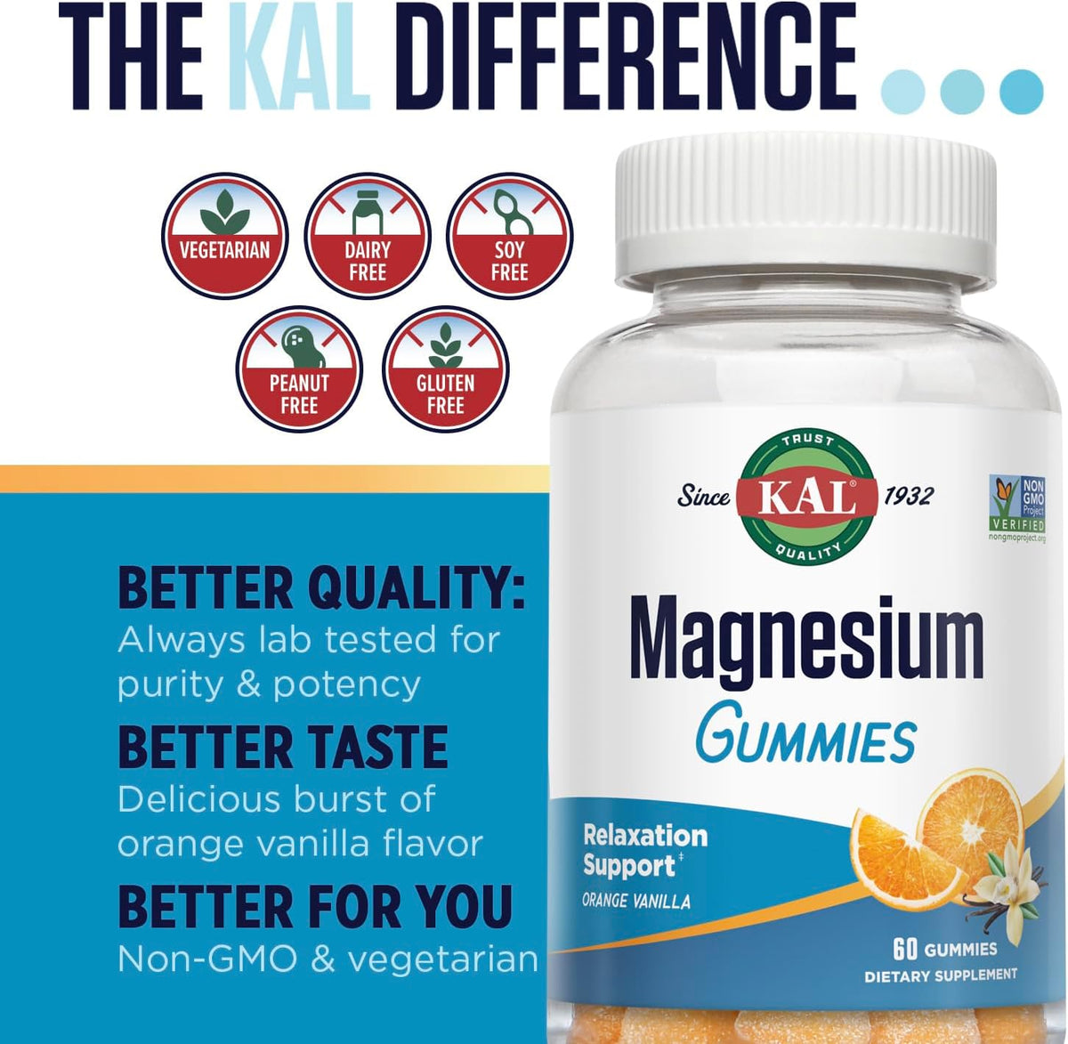 KAL Magnesium Citrate Gummies - Relaxation, Bone, Muscle and Cellular Energy Support - 330mg Magnesium Supplement - Orange Vanilla Flavor - Non-GMO, Vegetarian - 60 Magnesium Gummies
