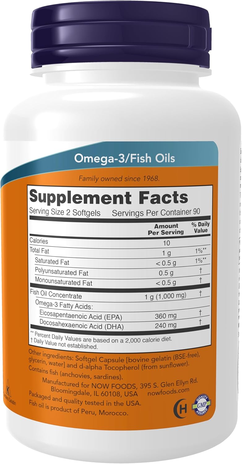 NOW Supplements, Omega-3 Mini Gels, 180 EPA/120 DHA, Molecularly Distilled, Cardiovascular Support*, 180 Softgels