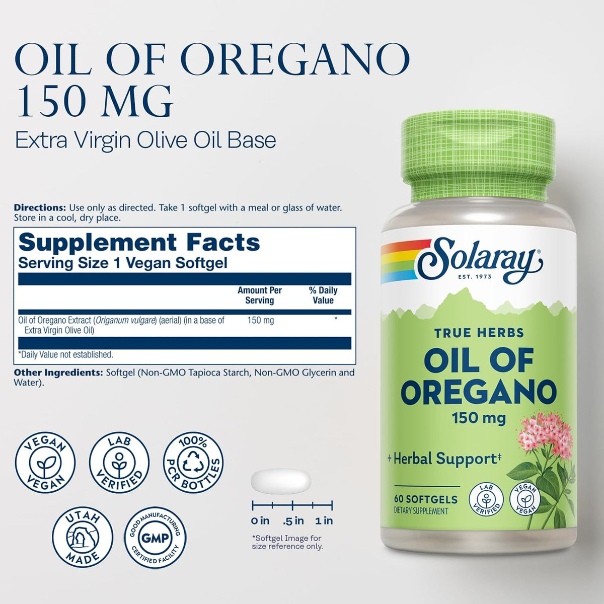 SOLARAY Oil of Oregano Softgels 150 mg - Oregano Oil Supplement for Powerful Wellness Support - Gentle Digestion - Extra Virgin Olive Oil Base - Vegan, 60-Day Guarantee - 60 Servings, 60 Softgels