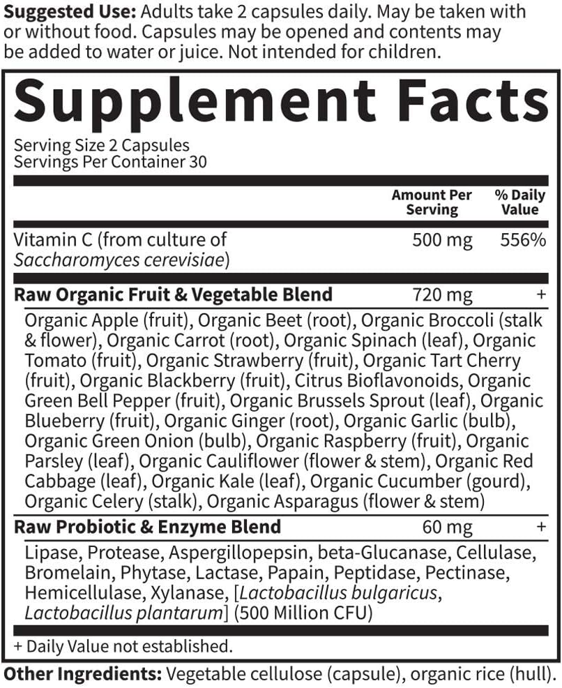 Garden of Life Whole Food Vitamin C Code Raw Capsules, 500mg, Fruit &amp; Veggie Blend, Probiotics Supplements for Adults, Vegan, Gluten Free, Orange, 60 Count