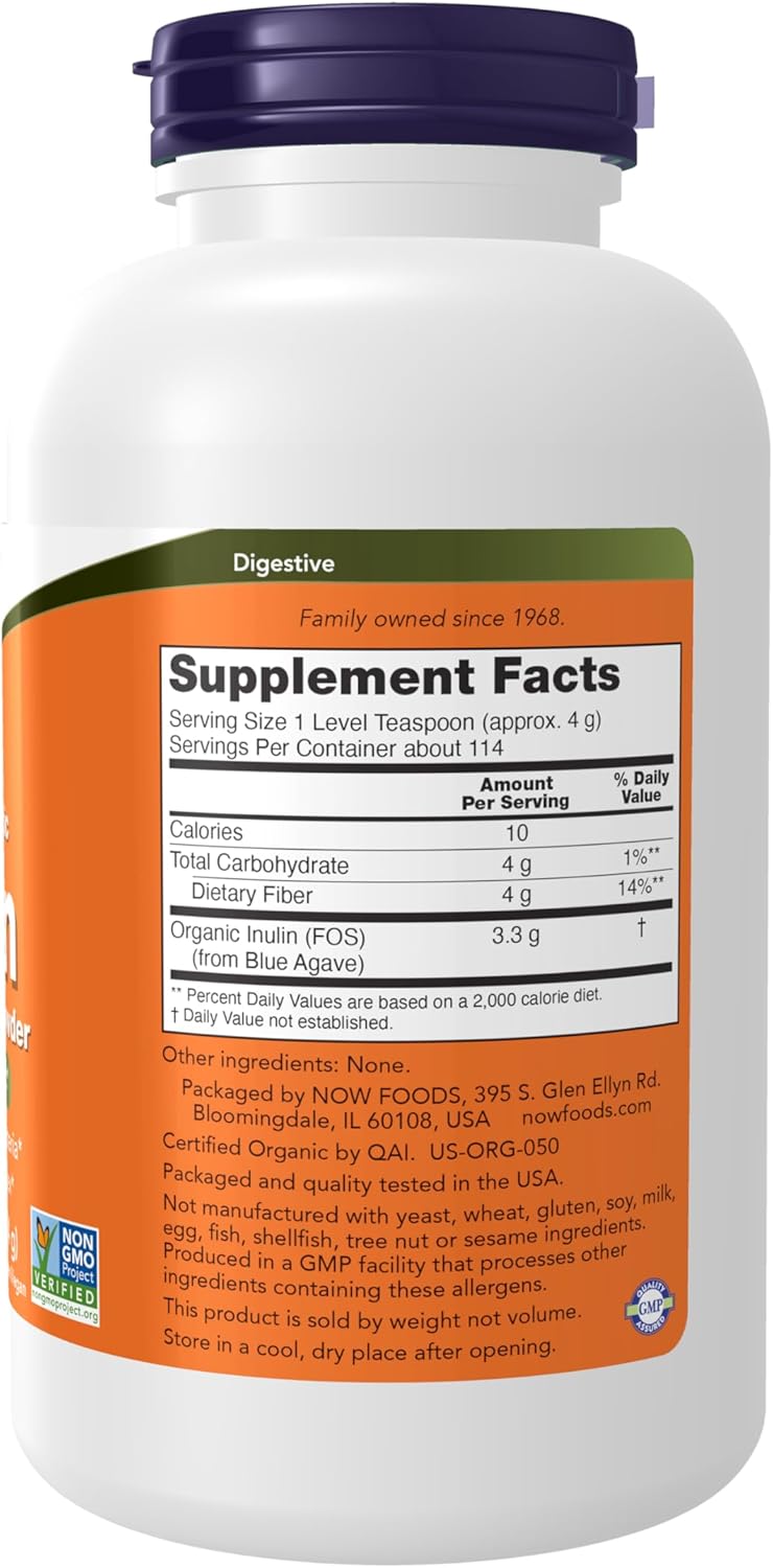 NOW Foods Supplements, Inulin Prebiotic Pure Powder, Certified Organic, Non-GMO Project Verified, Intestinal Support*, 1-Pound