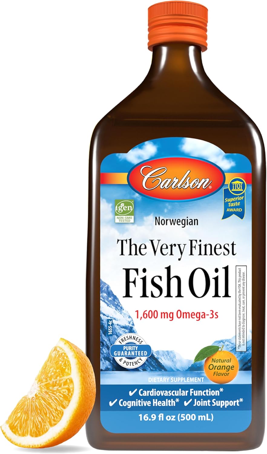 Carlson - The Very Finest Fish Oil, 1600 mg Omega-3s, Liquid Fish Oil Supplement, Norwegian Fish Oil, Wild-Caught, Sustainably Sourced Fish Oil Liquid, Orange, 16.9 Fl Oz