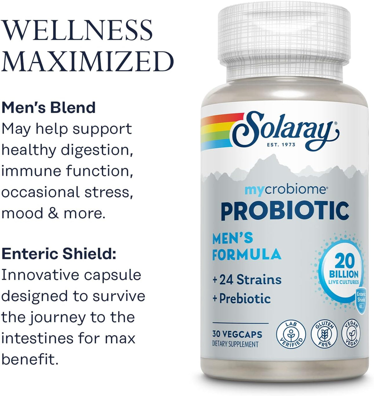 SOLARAY Mycrobiome Probiotic Men’s Formula, Probiotics for Men, Gut Health, Digestion, Immune Function &amp; More, 20 Billion CFU Mens Probiotic, 24 Strains Plus Prebiotic, 30 Servings, 30 VegCaps