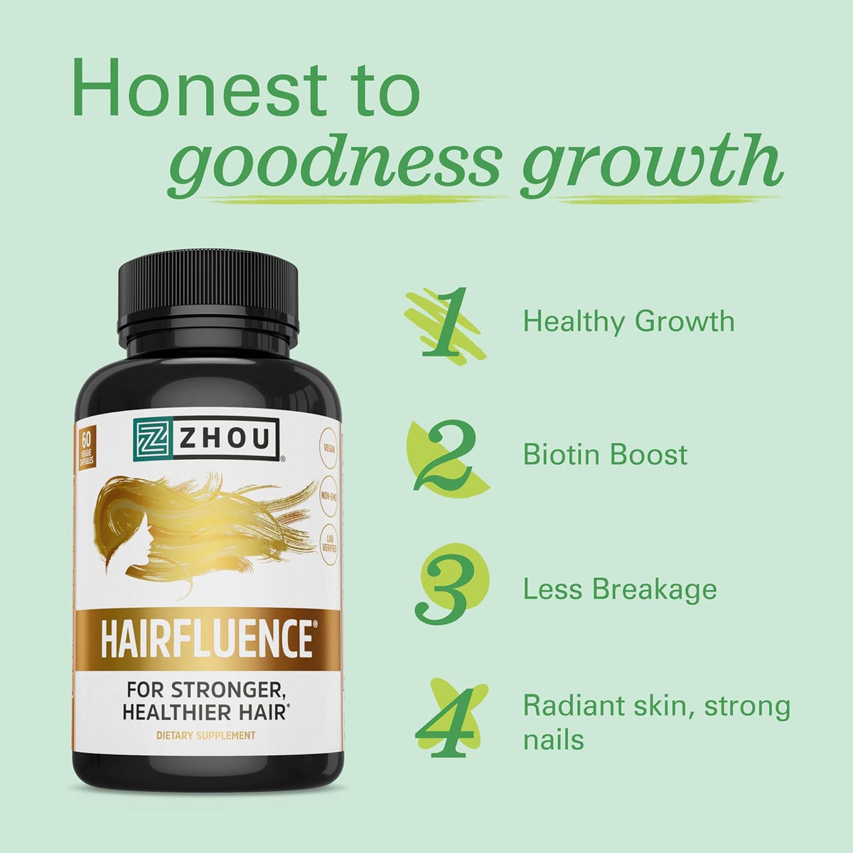 ZHOU Hairfluence, Hair Growth Supplement with Clinically Studied Lustriva and Keranat and Hair Vitamins Biotin 5000mcg, Vitamin D, A, C &amp; B12, Non-GMO, Gluten Free, 60 VegCaps