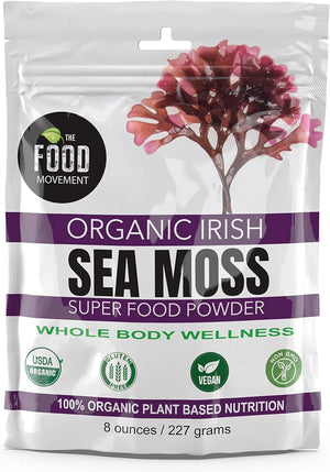 The Food Movement Co. Organic Raw Irish Sea Moss Powder - Mineral Dense Superfood for Cellular Health, Thyroid and Immune Support, Detox - Vegan and Kosher Algae Trace Minerals