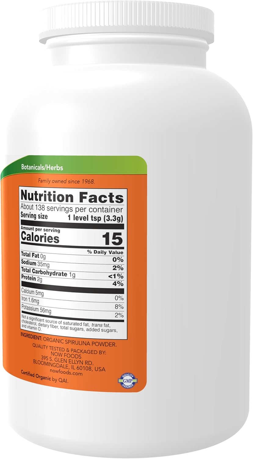 NOW Foods Supplements, Certified Organic, Spirulina Powder, Rich in Beta-Carotene (Vitamin A) and B-12 with naturally occurring GLA &amp; Chlorophyll, 1-Pound