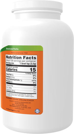 NOW Foods Supplements, Certified Organic, Spirulina Powder, Rich in Beta-Carotene (Vitamin A) and B-12 with naturally occurring GLA & Chlorophyll, 1-Pound