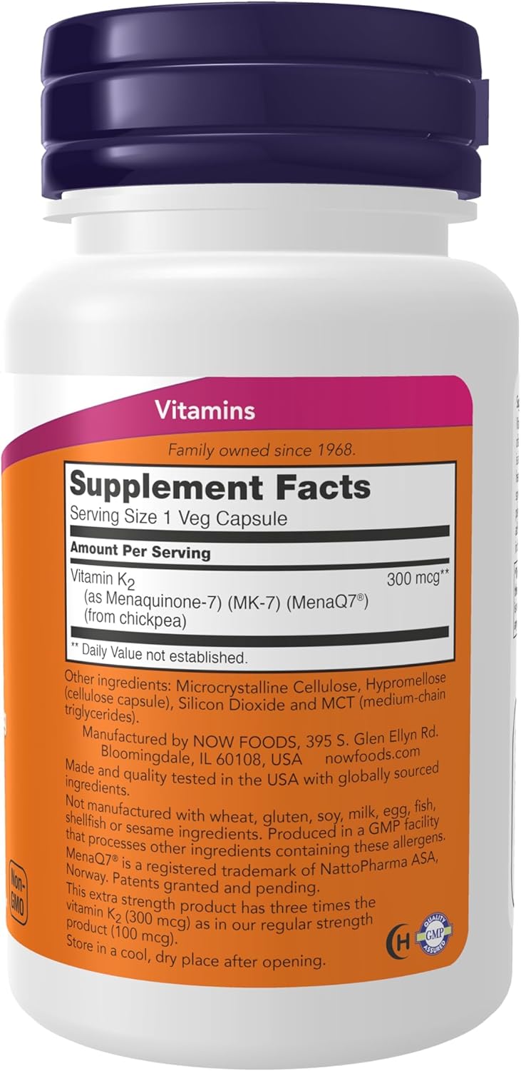 NOW Foods Supplements, Vitamin K2 (MK-7) 300 mcg, Extra Strength, Supports Bone Health*, 60 Veg Capsules
