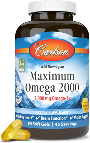 Carlson - Maximum Omega 2000, 2000 mg Omega-3s, Healthy Heart, Brain Function & Vision Support, Lemon, 90 soft gels