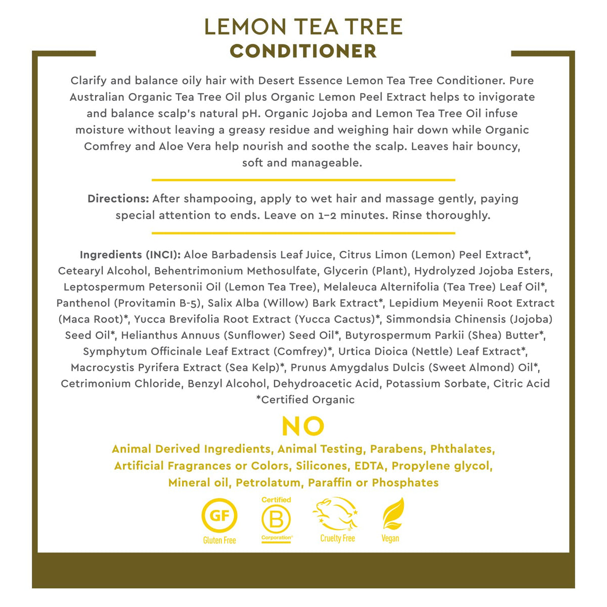 Desert Essence Conditioner, Lemon Tea Tree, Clarifying Provitamin B5, Organic Lemon Peel Extract &amp; Nourishing Aloe - Purifying, Moisturizing, Soothing - Vegan, Sulfate-Free, Cruelty-Free - 8oz