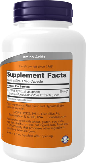 NOW Foods Supplements, 5-HTP (5-hydroxytryptophan) 50 mg, Neurotransmitter Support*, 180 Veg Capsules