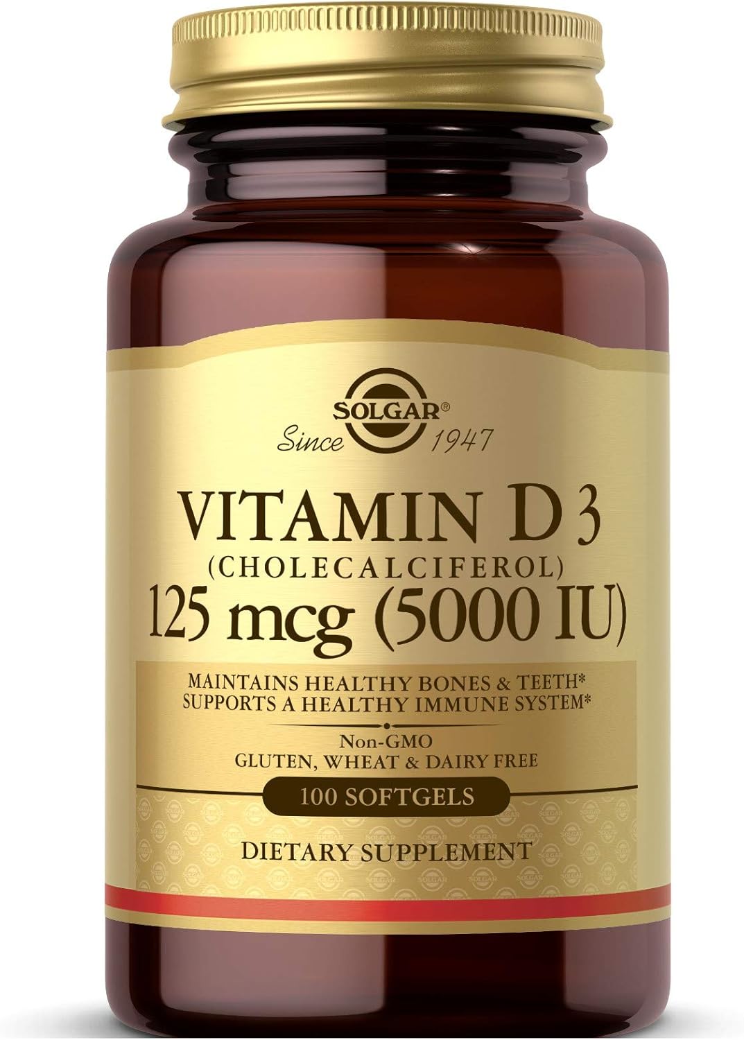 Solgar Vitamin D3 (Cholecalciferol) 125 MCG (5000 IU), 100 Softgels - Helps Maintain Healthy Bones &amp; Teeth - Immune System Support - Non GMO, Gluten-Free, Dairy Free - 100 Servings