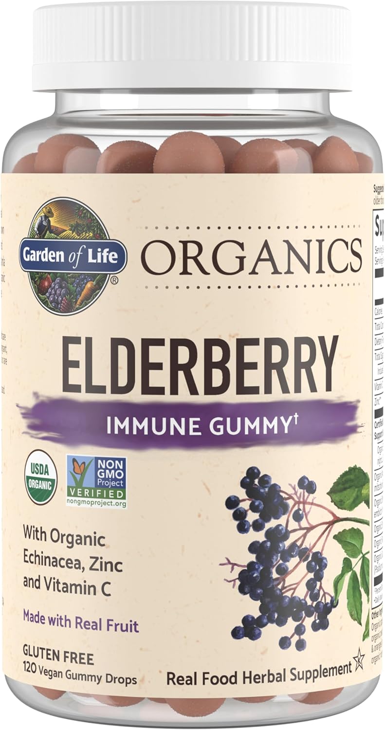 Garden of Life Organics Elderberry Gummies for Adults &amp; Kids - Immune Support Supplement with Organic Fruit, Herbal Blend, Elderberry, Echinacea, Zinc, Vitamin C, 120 Vegan Gluten Free Gummies