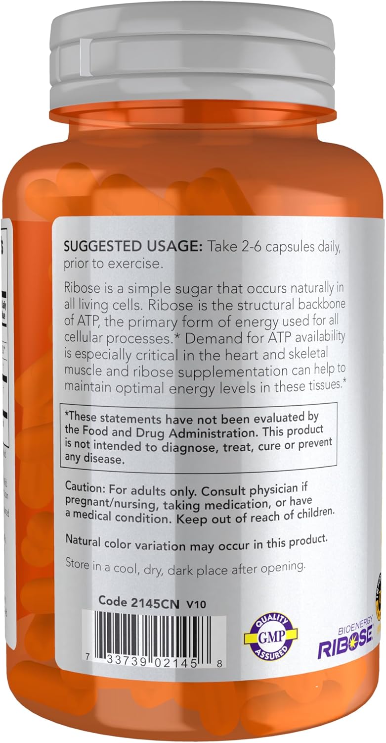 NOW Sports Nutrition, D-Ribose 750 mg, Certified Non-GMO, Energy Production*, 120 Veg Capsules