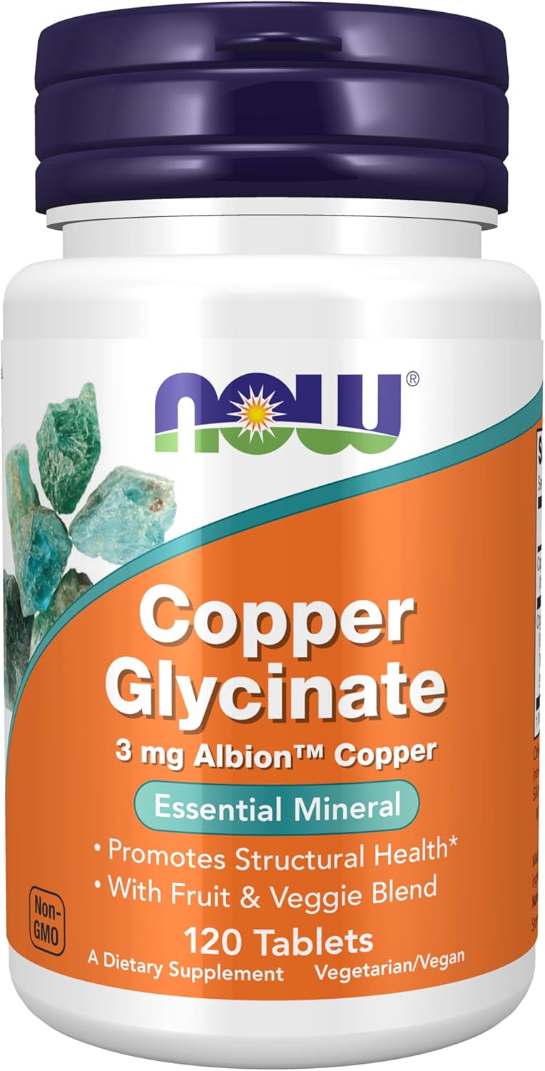 NOW Foods Supplements, Copper Glycinate with 3mg Albion Copper, Promotes Structural Health*, 120 Tablets