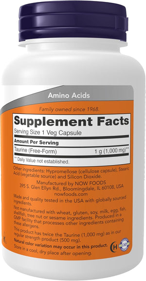 NOW Foods Supplements, Taurine 1,000 mg, Double Strength, Nervous System Health*, 100 Veg Capsules