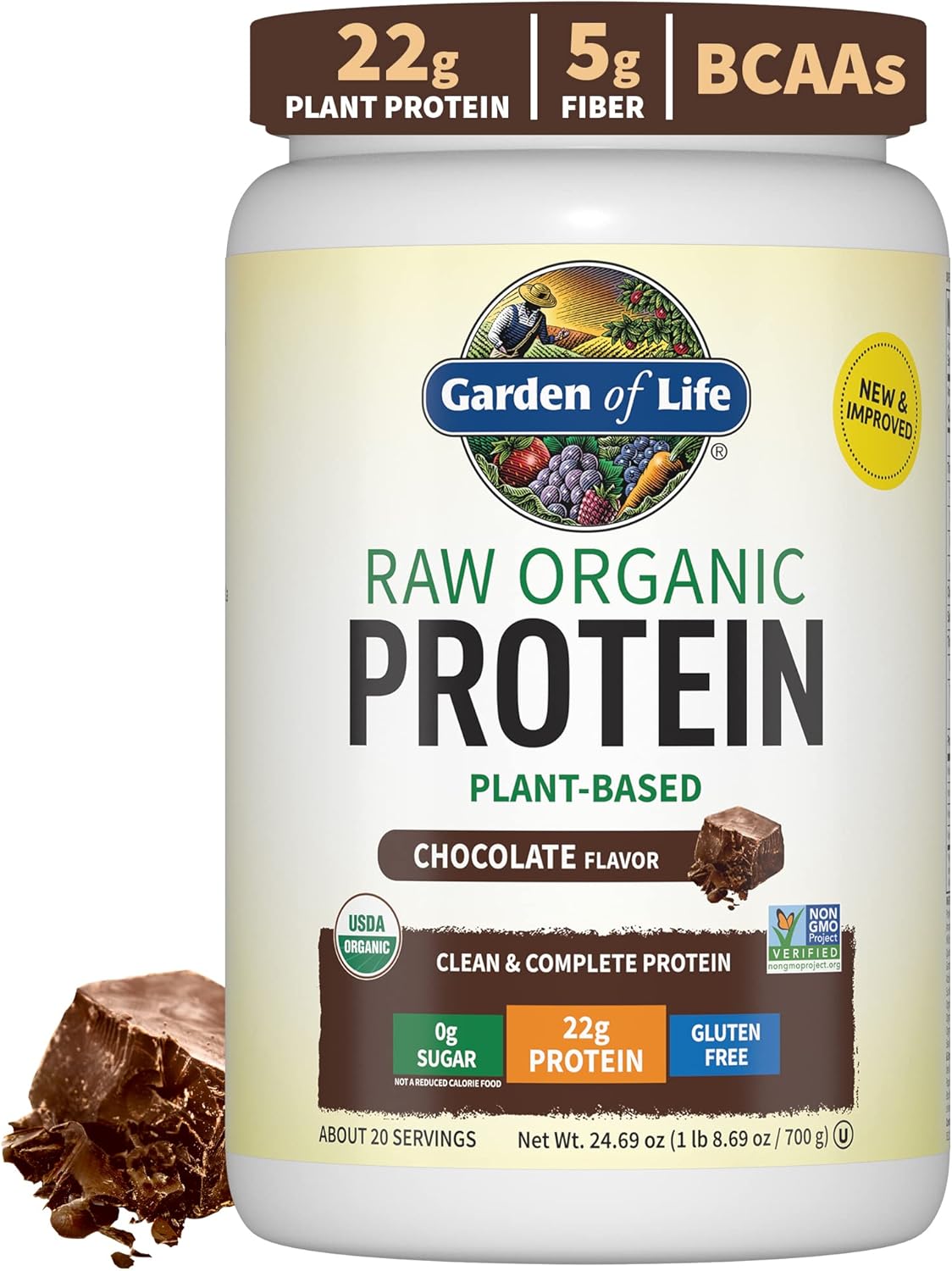 Vegan Protein Powder - Chocolate Organic Protein Powder, 22g Plant Based Protein &amp; BCAAs, Probiotics &amp; Digestive Enzymes - Garden of Life, Gluten &amp; Lactose Free 1.5 LB
