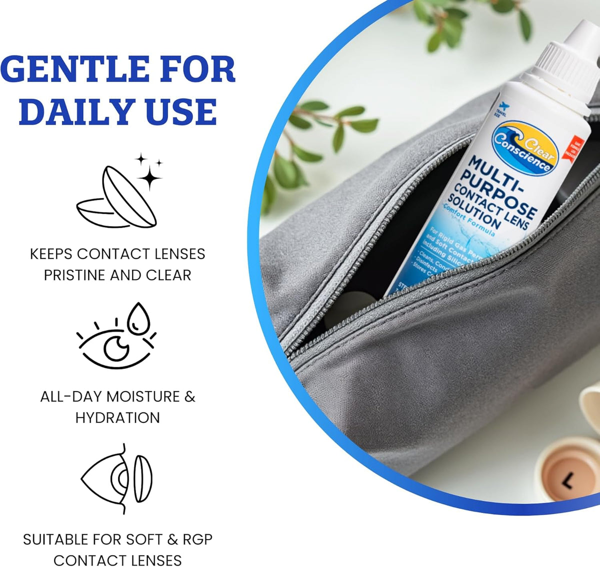 Cruelty-Free Travel Size Contact Lens Solution 3 Fl oz - Multipurpose Mild Cleaner &amp; Conditioner for Eye Contact Lens Care by Clear Conscience