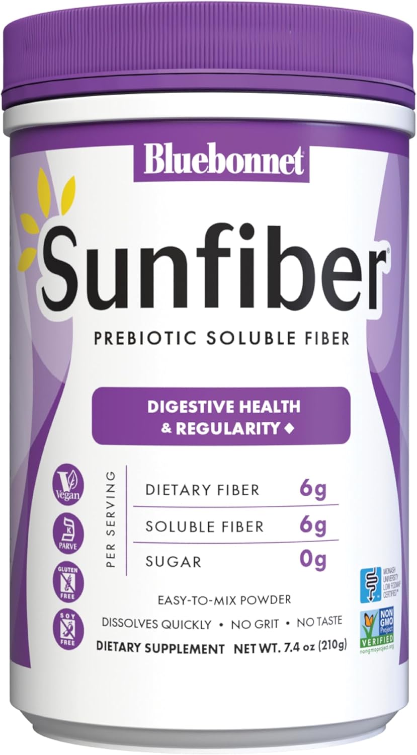 BlueBonnet Nutrition Sunfiber – 6 g of Plant Based Prebiotic Soluble Fiber – Supports Digestive Health* - Instant Dissolve – Non-GMO, Vegan, Kosher, Low-FODMAP – Unflavored, 7.4 OZ, 30 Servings
