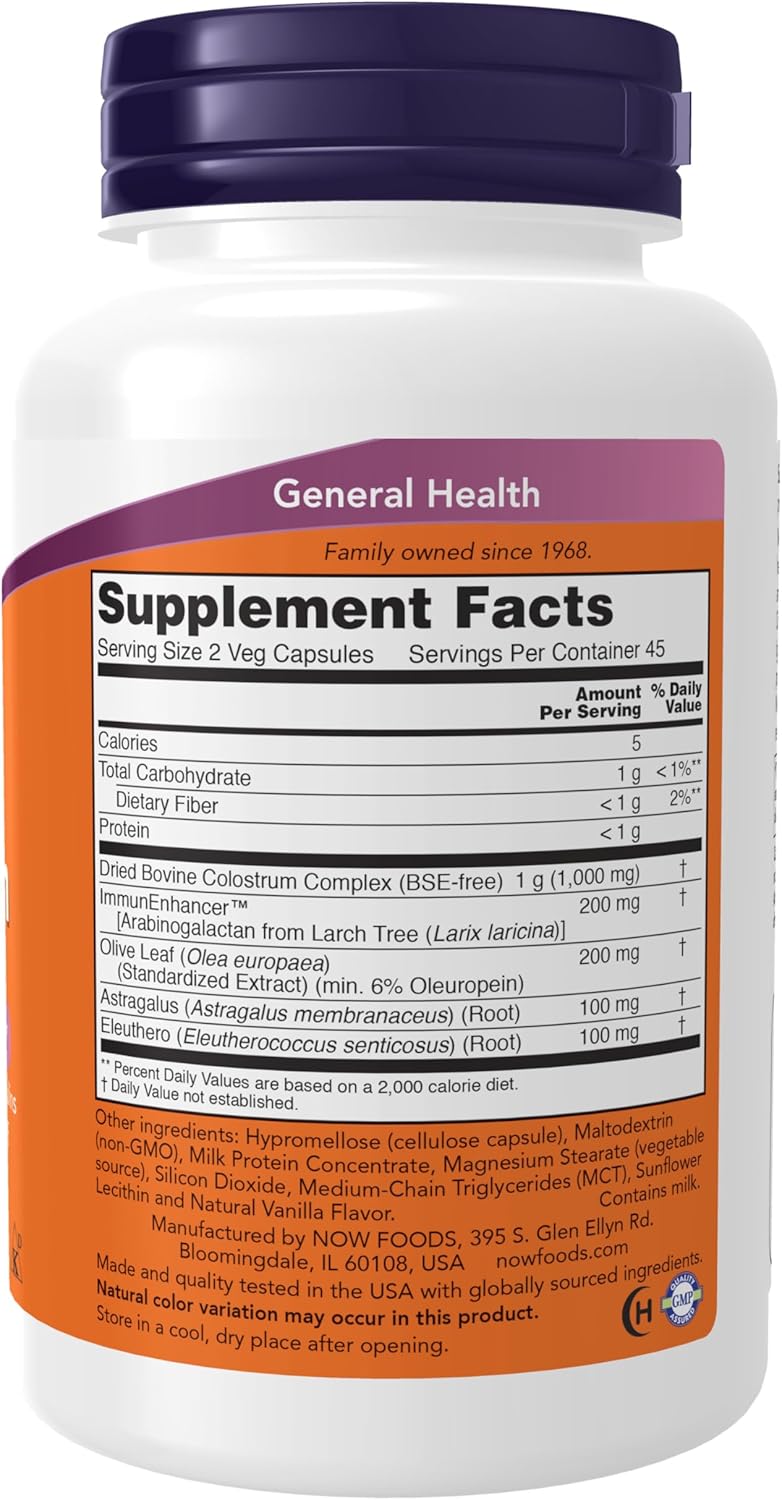 NOW Foods Supplements, Super Colostrum 500 mg, Naturally occurring Immunoglobulins with ImmunEnhancer™, Olive Leaf Extract and Astragalus Root, 90 Veg Capsules