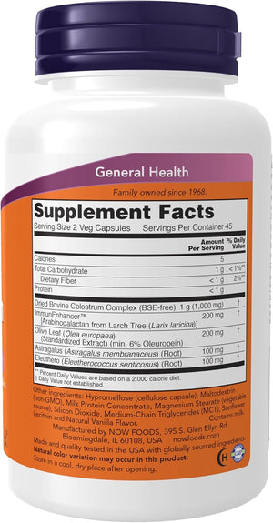 NOW Foods Supplements, Super Colostrum 500 mg, Naturally occurring Immunoglobulins with ImmunEnhancer™, Olive Leaf Extract and Astragalus Root, 90 Veg Capsules