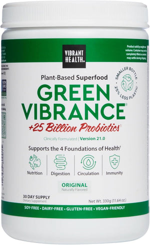 Vibrant Health, Green Vibrance, Includes 65 Plant-Based Superfoods, 25 Billion Probiotics, Fiber, Adaptogens & Enzymes, 30 Servings