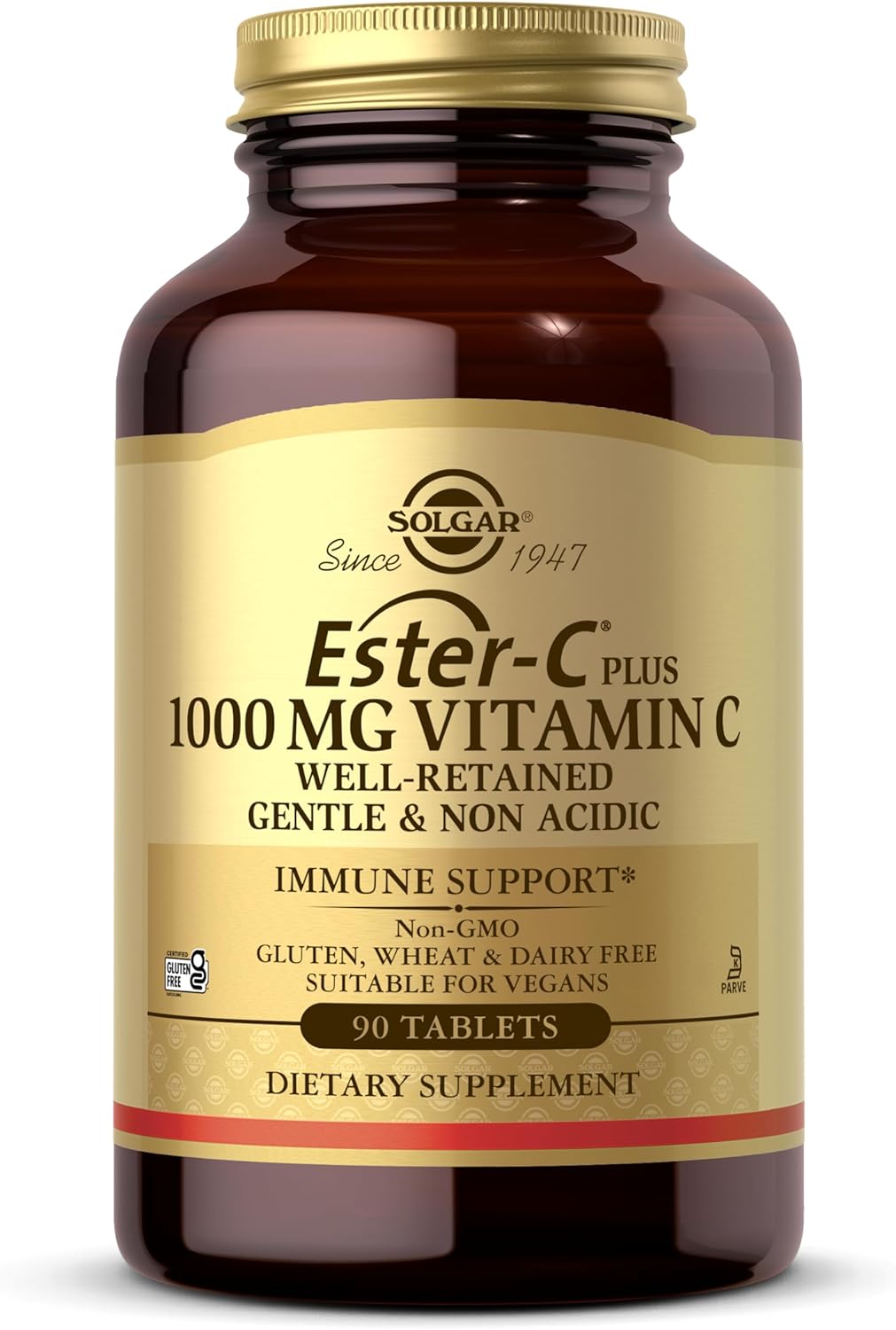 Solgar Ester-C Plus 1000 mg Vitamin C (Ascorbate Complex), 90 Tablets - Gentle On The Stomach &amp; Non Acidic - Antioxidant &amp; Immune System Support - Non GMO, Vegan, Gluten-Free, Kosher - 90 Servings