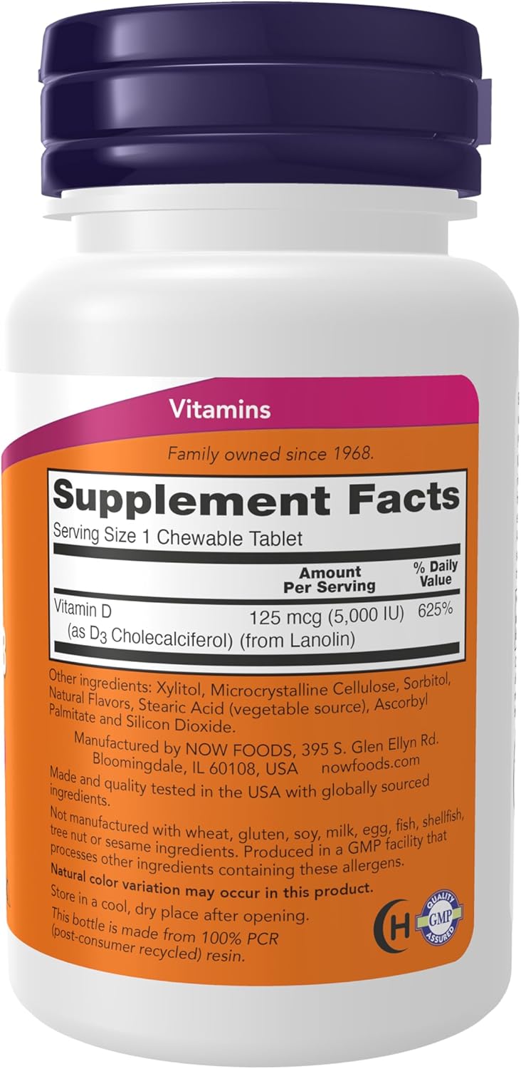 NOW Foods Supplements, Vitamin D-3 5,000 IU, Natural Mint Flavor, Structural Support*, 120 Chewables