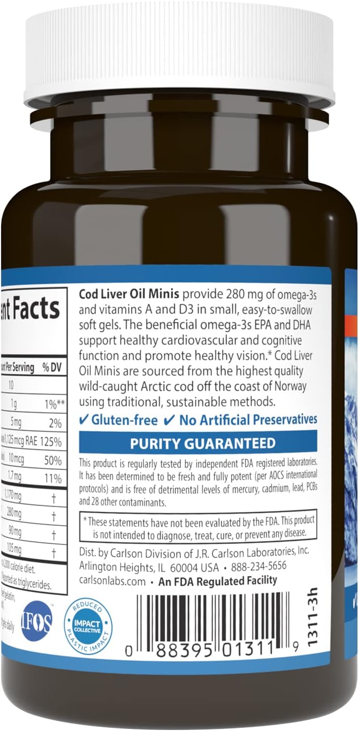 Carlson - Cod Liver Oil Minis, 280 mg Omega-3s + Vitamins A &amp; D3, Heart Support &amp; Cognitive Function, Vision Health, 100 Mini Softgels