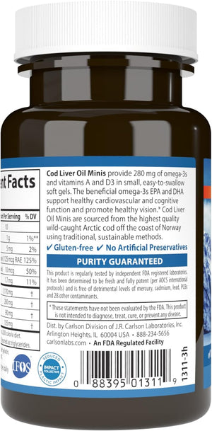 Carlson - Cod Liver Oil Minis, 280 mg Omega-3s + Vitamins A & D3, Heart Support & Cognitive Function, Vision Health, 100 Mini Softgels