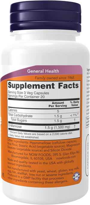 NOW Foods Supplements, D-Mannose 500 mg, Non-GMO Project Verified, Healthy Urinary Tract*, 60 Veg Capsules