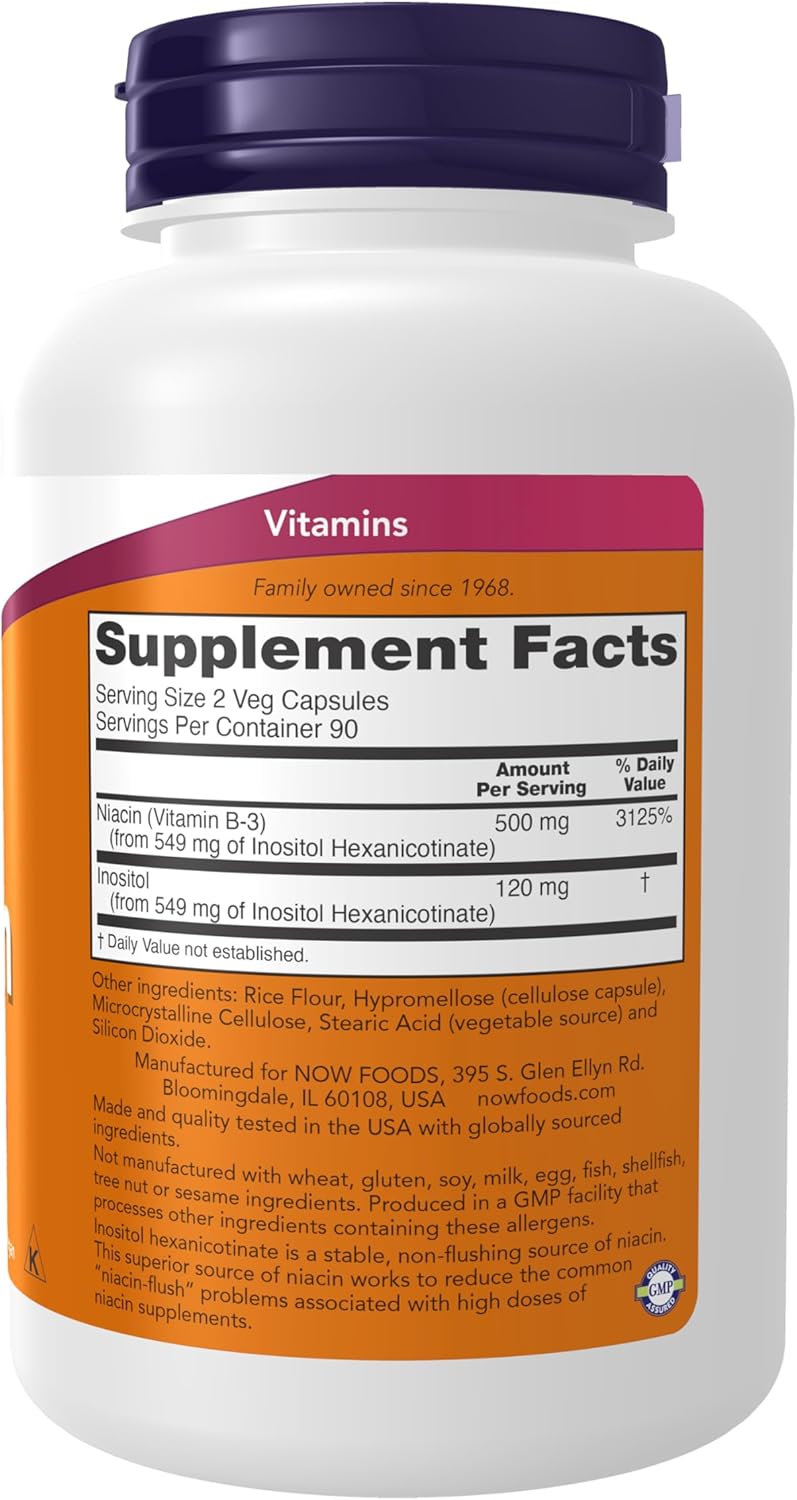 NOW Supplements, Niacin (Vitamin B-3) 250 mg, Flush-Free, Nutritional Health, 180 Veg Capsules