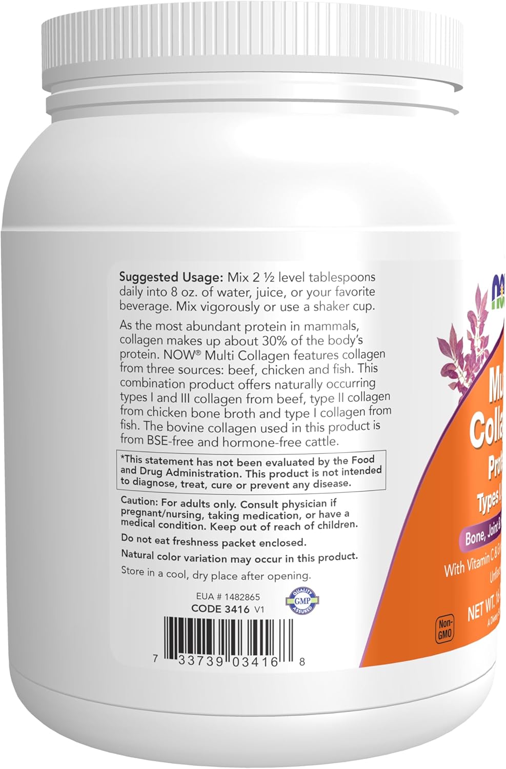 NOW Foods Supplements, Multi Collagen Protein Types I, II &amp; III Powder, Bone, Joint, and Skin Health, 16 oz (454 g)