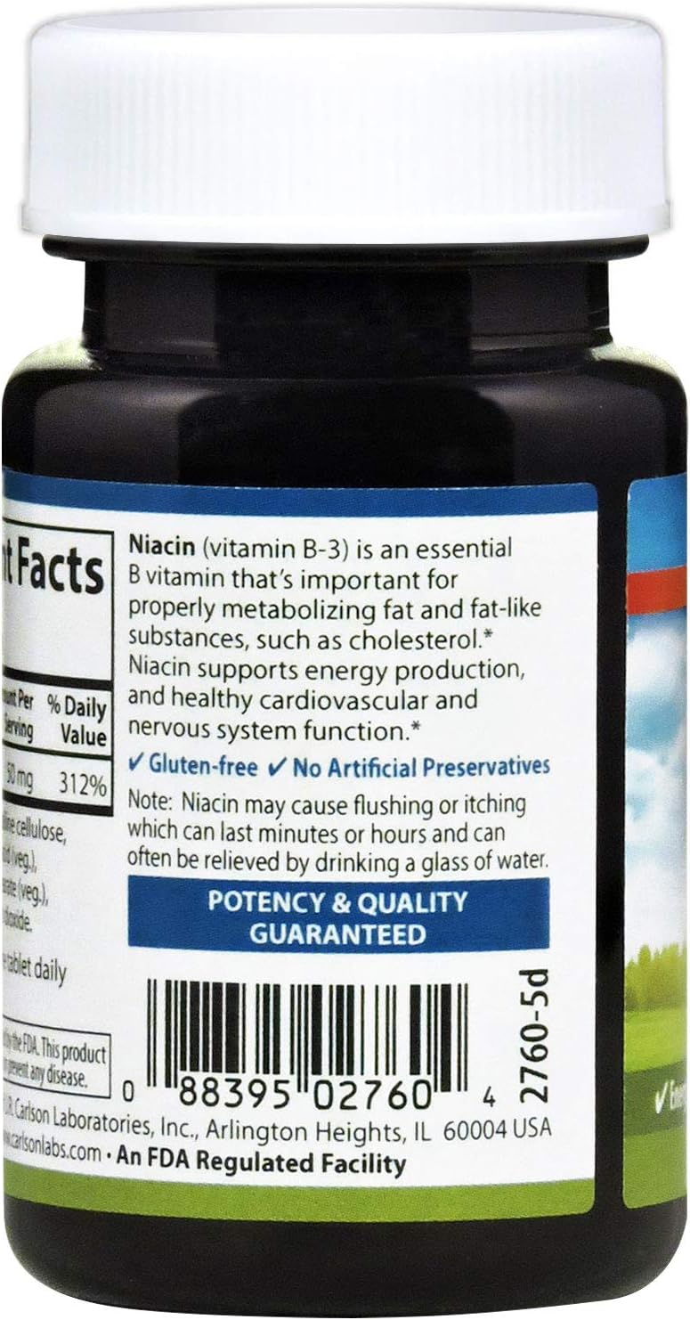Carlson - Niacin, 50 mg, Supports Cholesterol Metabolism, Energy Production, Heart Health, Nerve Function, 100 Tablets