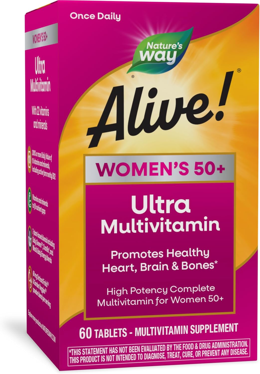 Nature’s Way Alive! Women’s 50+ Ultra Potency Complete Multivitamin, High Potency Formula, Promotes Healthy Heart, Brain, Bones*, with Methylated B12, Gluten-Free, 60 Tablets