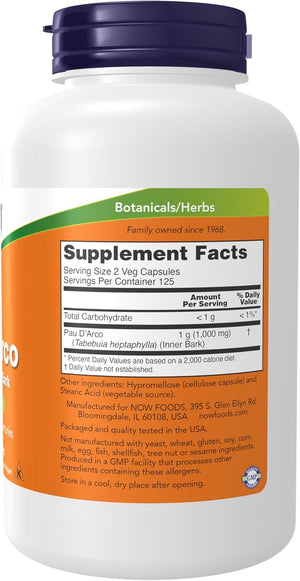 NOW Supplements, Pau D'Arco (Tabebuia heptaphylla) 500 mg, Herbal Support, 250 Veg Capsules