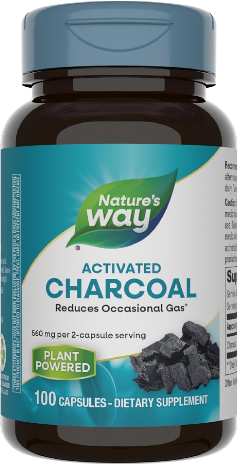 Nature&#39;s Way Activated Charcoal, Binds Unwanted Materials and Gas in the Digestive Tract*, 560 mg per 2-Capsule Serving, 100 Capsules