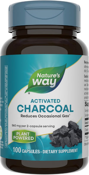 Nature's Way Activated Charcoal, Binds Unwanted Materials and Gas in the Digestive Tract*, 560 mg per 2-Capsule Serving, 100 Capsules