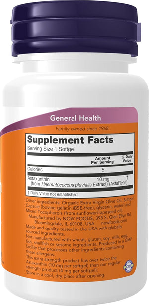 Now Foods Supplements, Astaxanthin 10mg, Extra Strength,derived from Non-GMO Haematococcus Pluvialis Microalgae and has Naturally Occurring Lutein, Canthaxanthin and Beta-Carotene, 30 Softgels