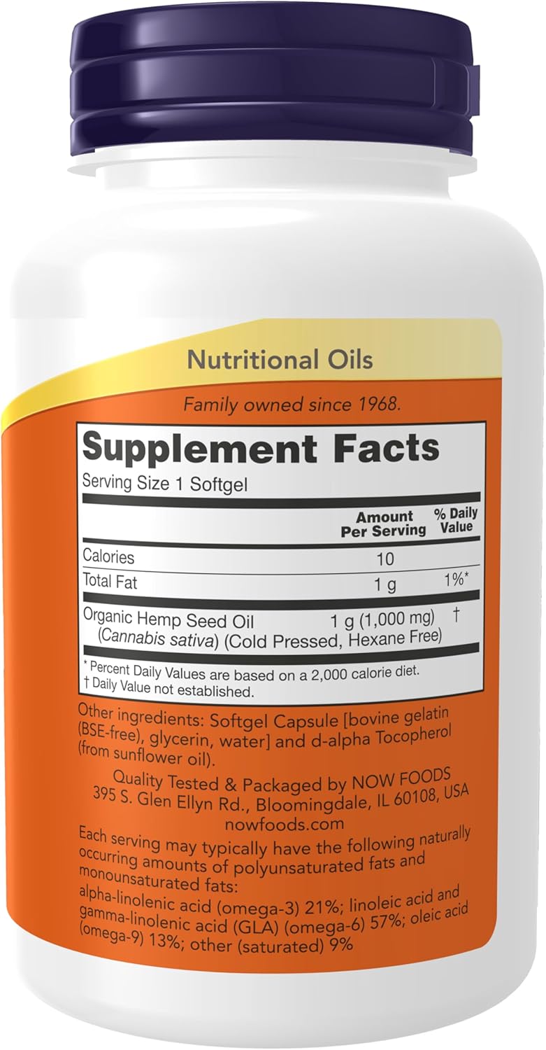 NOW Foods Supplements, Hemp Seed Oil 1,000 mg, Essential Fatty Acids, Nutritional Oil, 120 Softgels
