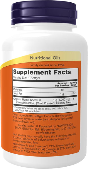 NOW Foods Supplements, Hemp Seed Oil 1,000 mg, Essential Fatty Acids, Nutritional Oil, 120 Softgels