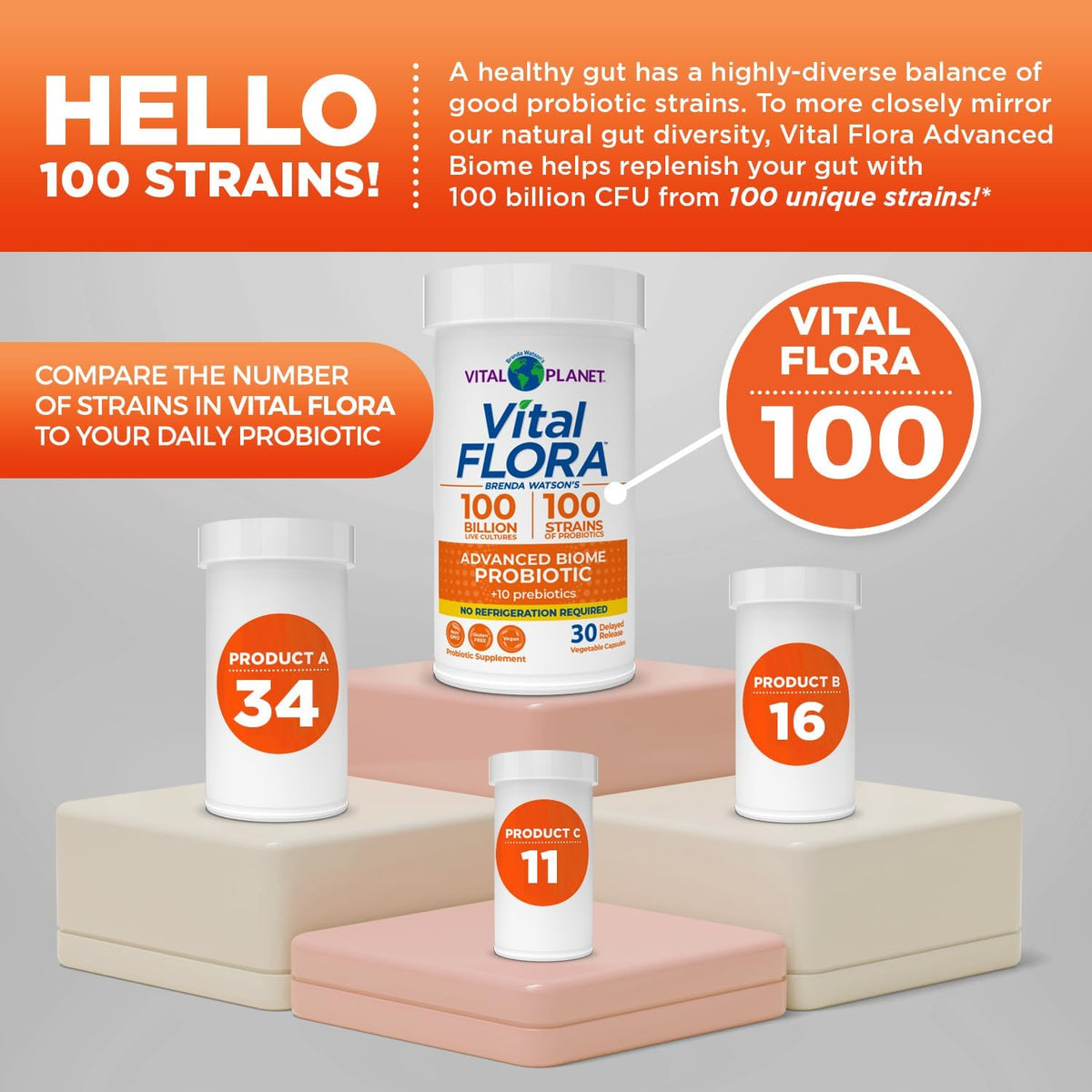 Vital Planet - Vital Flora Advanced Probiotic 100 Billion CFU, 100 Diverse Strains, 10 Organic Prebiotics, Immune Support, Digestive Health Shelf Stable Probiotics for Women and Men 30 Capsules