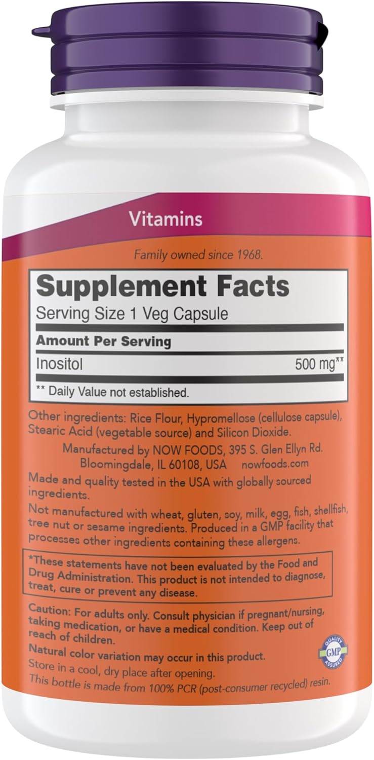 NOW Foods Inositol 500 mg, Superior Myo Inositol Form, for Healthy Membrane Function*, Cellular Health*, Support for Women* Kosher, Suitable for Vegans - 200 Vegetarian Capsules